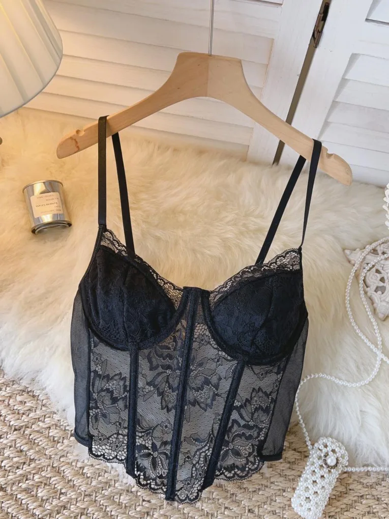 

Foamlina сексуальный черный корсет Топ для женщин Модный летний регулируемый ремешок без рукавов Прозрачный цветочный кружевной облегающий короткий топ