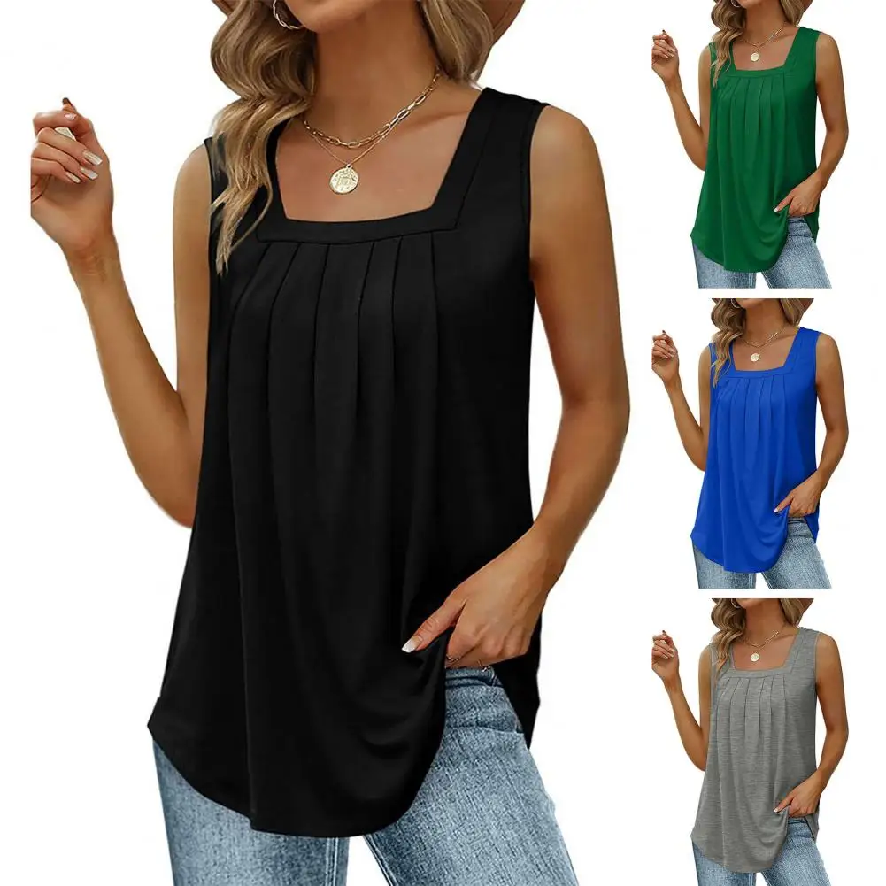 

Women Camisole Top Square Collar Sleeveless Summer Vest Pleated Arc Hem Bottoming Shirt Solid Color Loose Vest Top For Daily