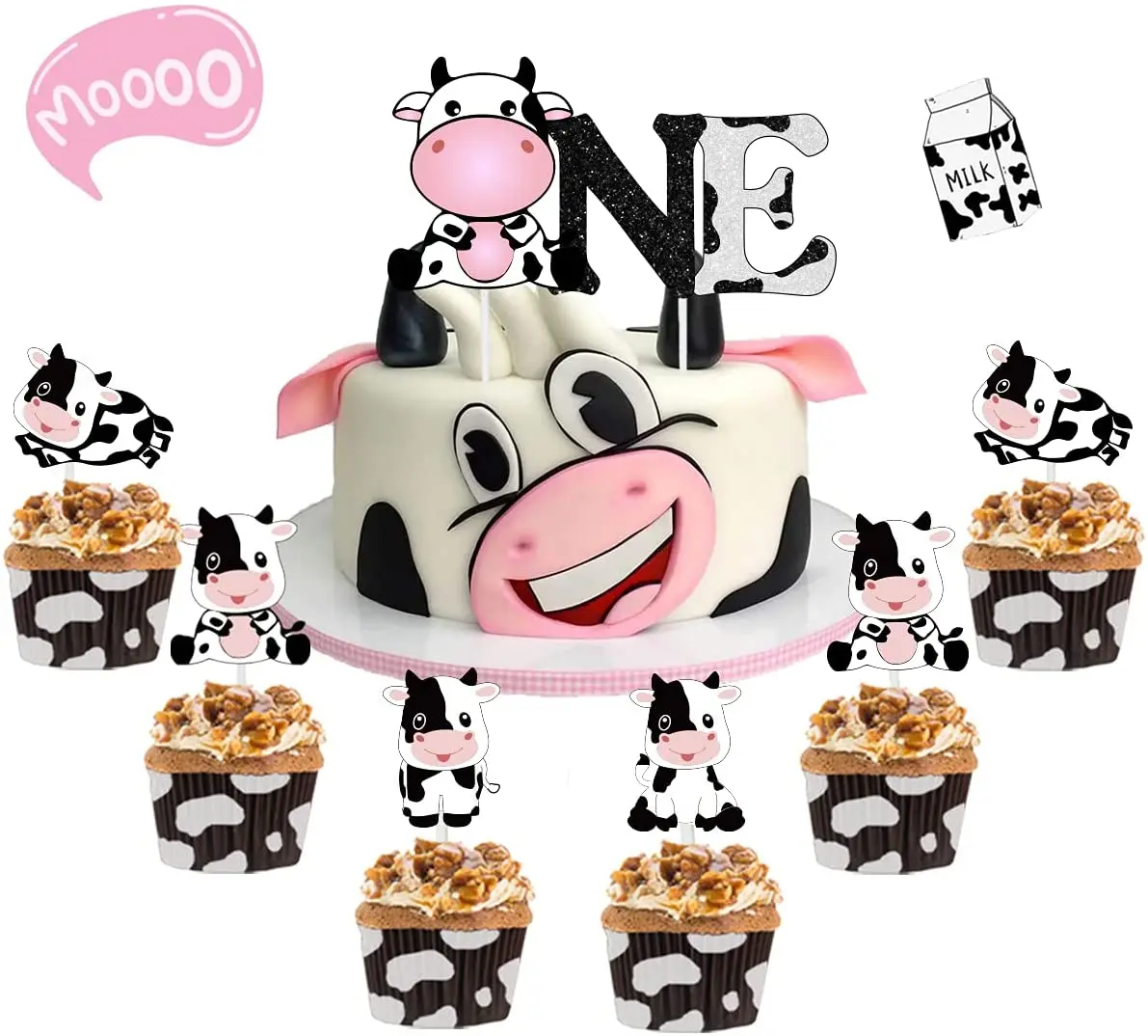 

Funmemoir Pink Cow Cake Topper Set for Girl 1st Birthday Party Cake Decorations One Moo Cupcake Topper Cow Themed First Birthday