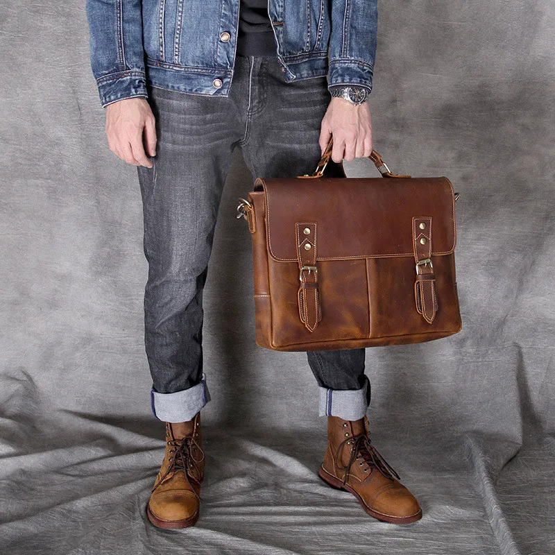 Vintage crazy horse cowhide men's briefcase business high quality genuine leather luxury office laptop shoulder messenger bag