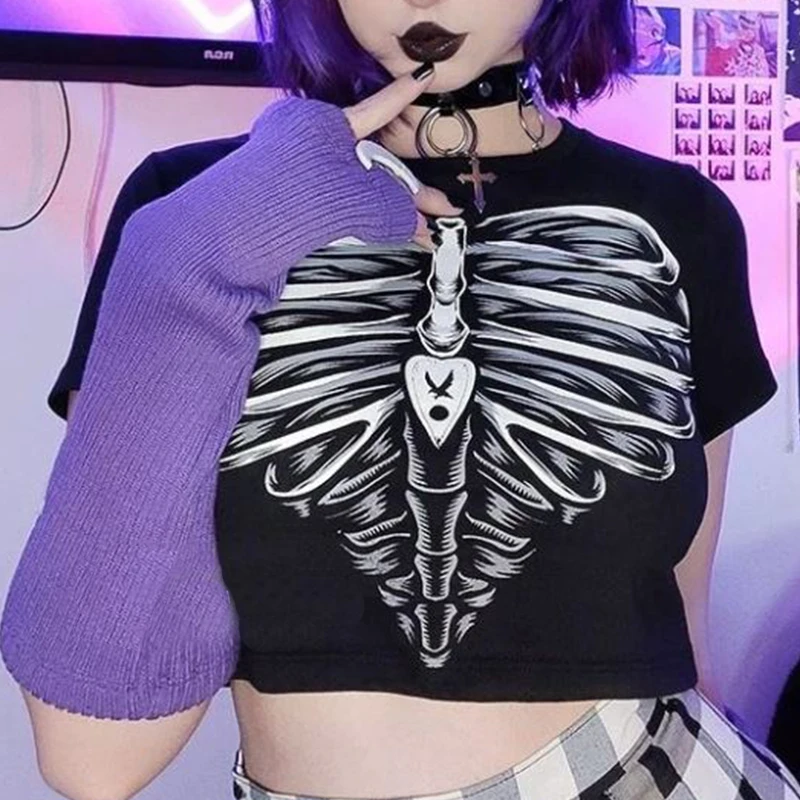 

Y2K Punk Street Dress Halloween Skeleton Printed Slim Top Navel-exposed Short Sleeves Gothic Retro Fairy Sexy Inside T-shirt