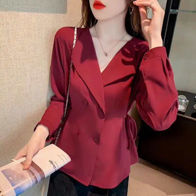 2022 spring Korean retro top fashion suit collar waist long sleeve chiffon ladies shirt  vintage top  womens shirts