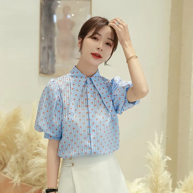 Korean Version Summer Printed Chiffon Women's Shirt Polka Dots Loose and Thin Retro Puff Sleeve Women's Top Casual Large Size