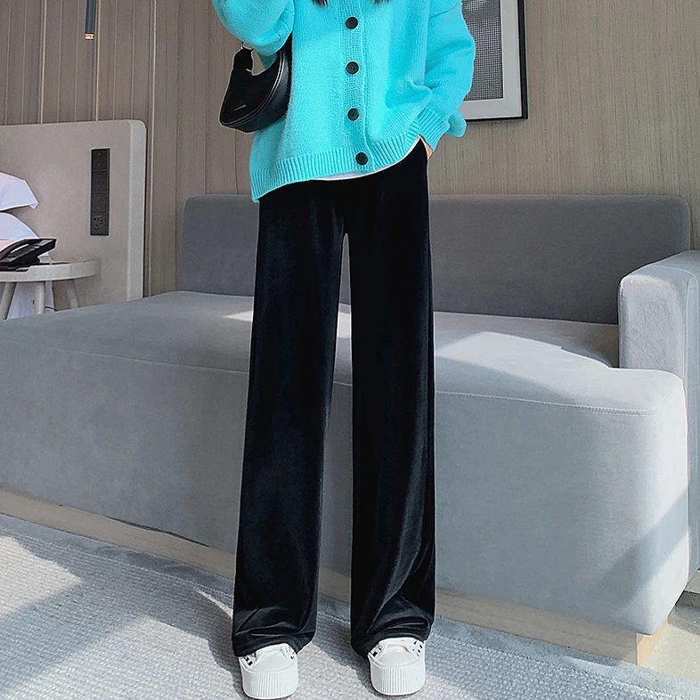 Женские бархатные брюки до пола повседневные черного и серого цвета с боковыми