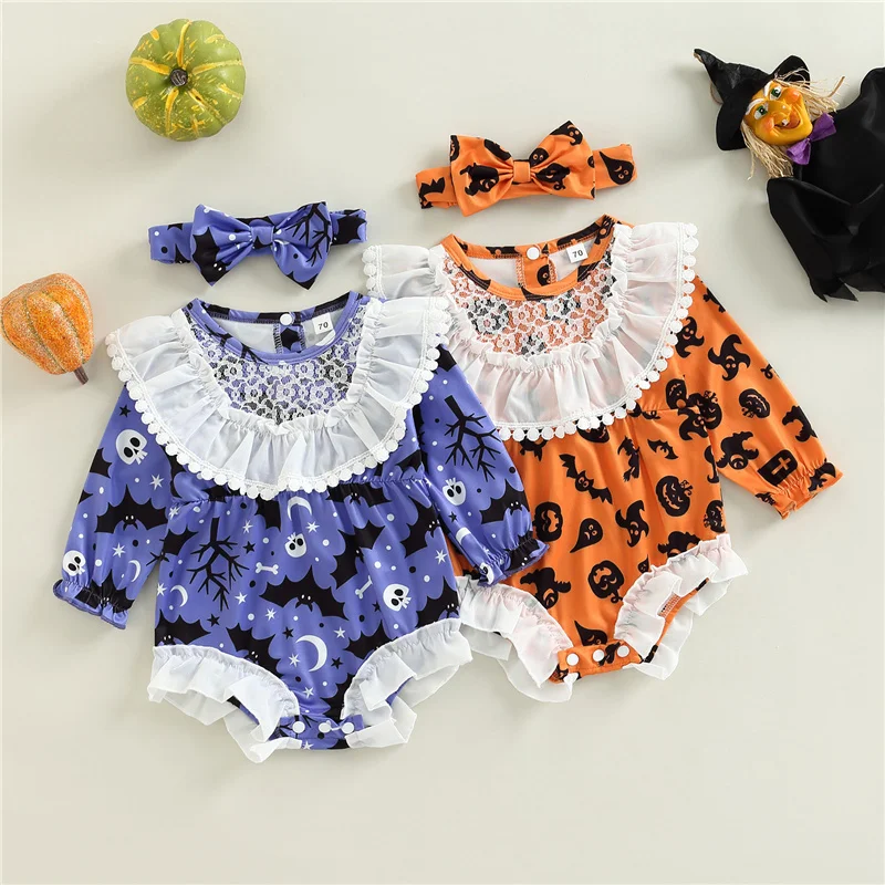 

Baby Girls Halloween Casual Romper Long Sleeve Bat Pumpkin/Bat Ghost Print Romper with Headband, 3-24Months
