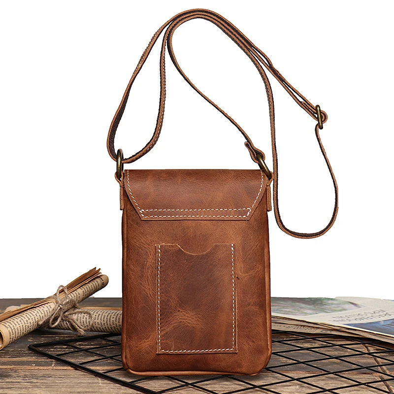 

Shoulder Small Crazy Horse Pocket Vintage Phone Bag Bag Man Simple Bag Men's Locking Key Flap Sling Crossbody Leather