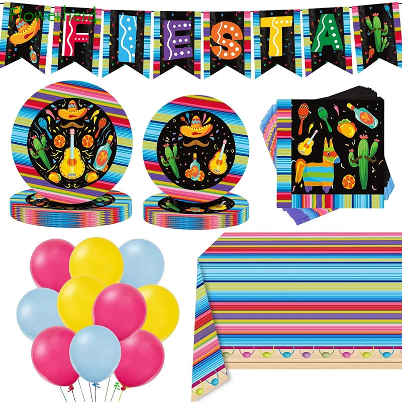 

Mexican Themed Fiesta Party Supplies Decorations Set Plates Napkins Balloons Tablecloth Banner for School Dance Cinco De Mayo