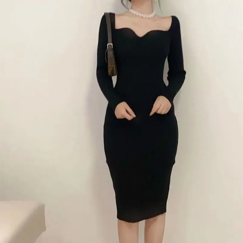 Весенне-осеннее однотонное модное платье миди с квадратным воротником и