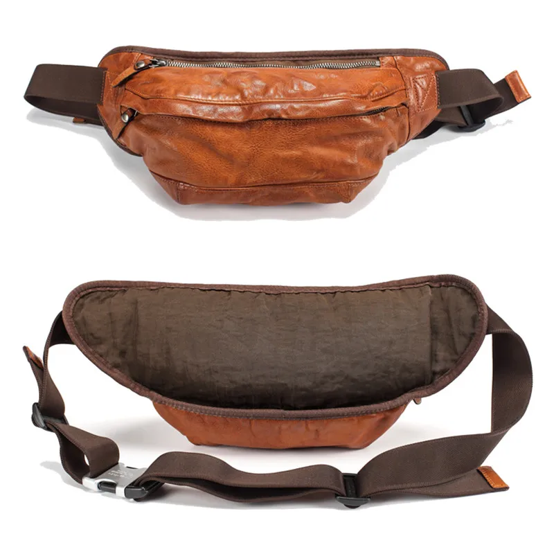 Personality trend high quality genuine leather men's chest bag vintage soft cowhide luxury teens waist pack small messenger bag