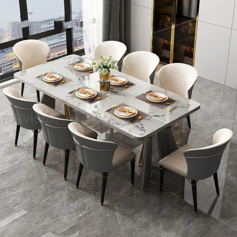 

Minimalist Dining Room Small Large Stainless Steel Base Rectangle Table Advanced Rock Board Tabletop Apartment Furniture WXHYH
