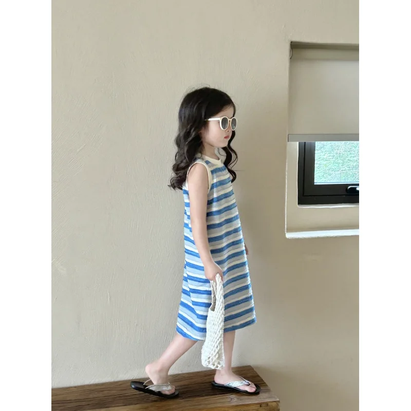 Летнее платье для девочек новинка детское платье-жилет в синюю полоску длинное