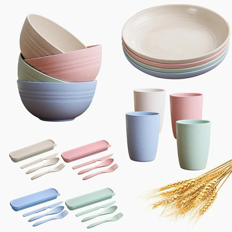 

Wheat Straw 28pcs/Set Nature Material Tableware Household Tray Anti-drop Bowls Cups Plate Forks Spoons Chopsticks Kit