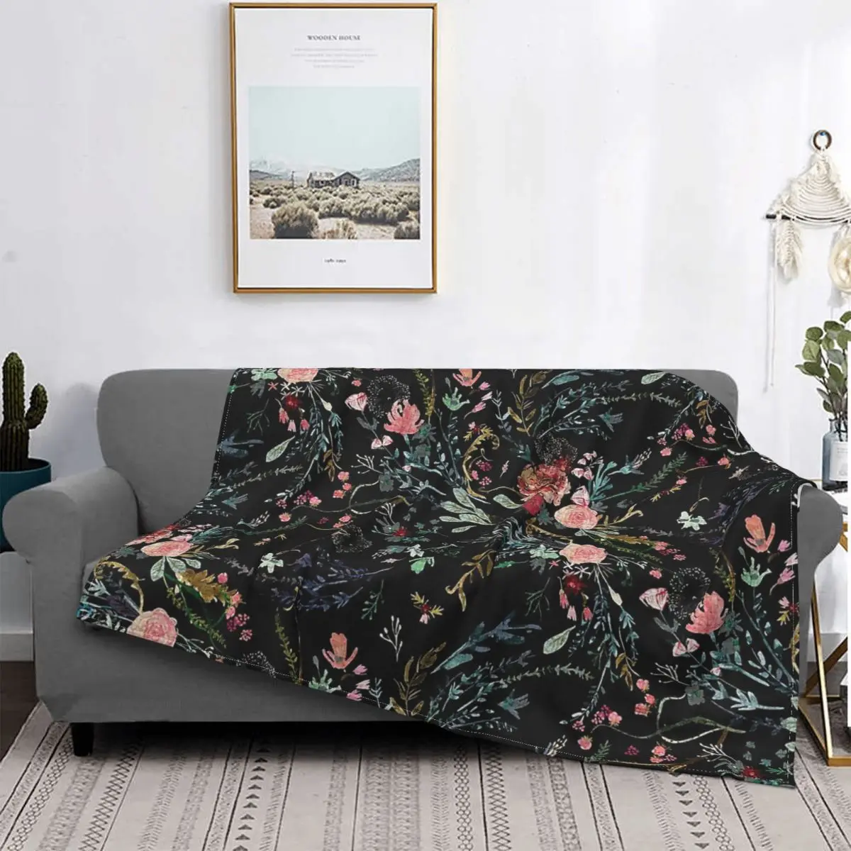

Culture Blanket Flannel Decoration Midnight Floral Portable Home Bedspread
