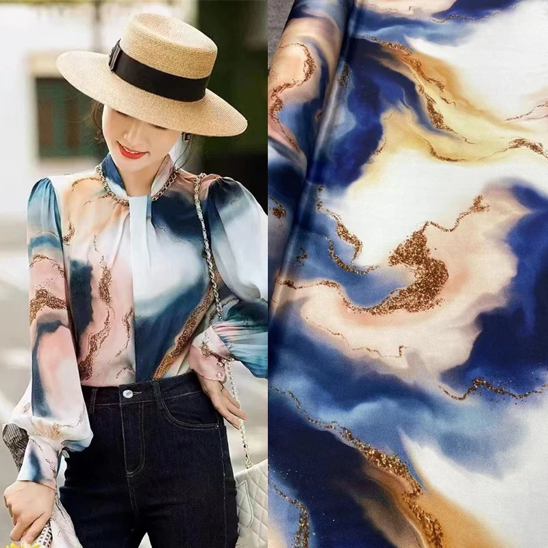 

Новая яркая эластичная саржевая шелковая ткань с принтом восхода солнца в Европе и США, легкая Роскошная Одежда для платья, рубашки, домашня...