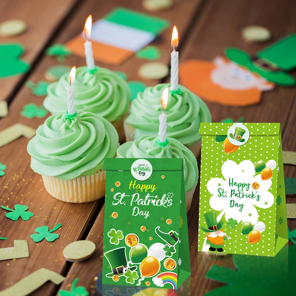 

LB152 12Pcs Ireland Happy St. Patrick's Day Clover Festival Party Biscuit Kraft Paper Gift Bags with Stickers Carnival Party