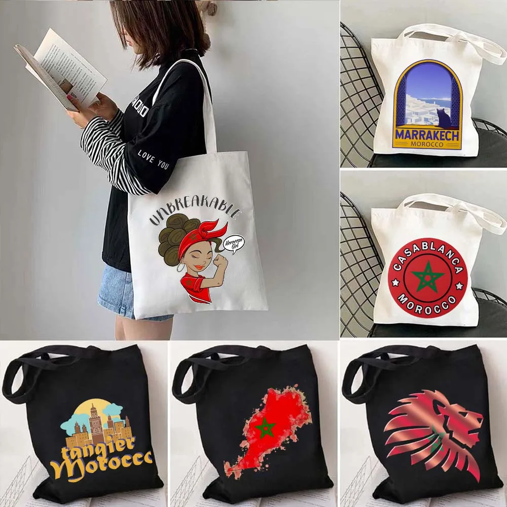 Сувенир для путешествий с флагом и картой Марокко, женская сумка-тоут на плечо с принтом в виде марокканской карты и сердца, хлопковые сумки для покупок в стиле Харадзюку