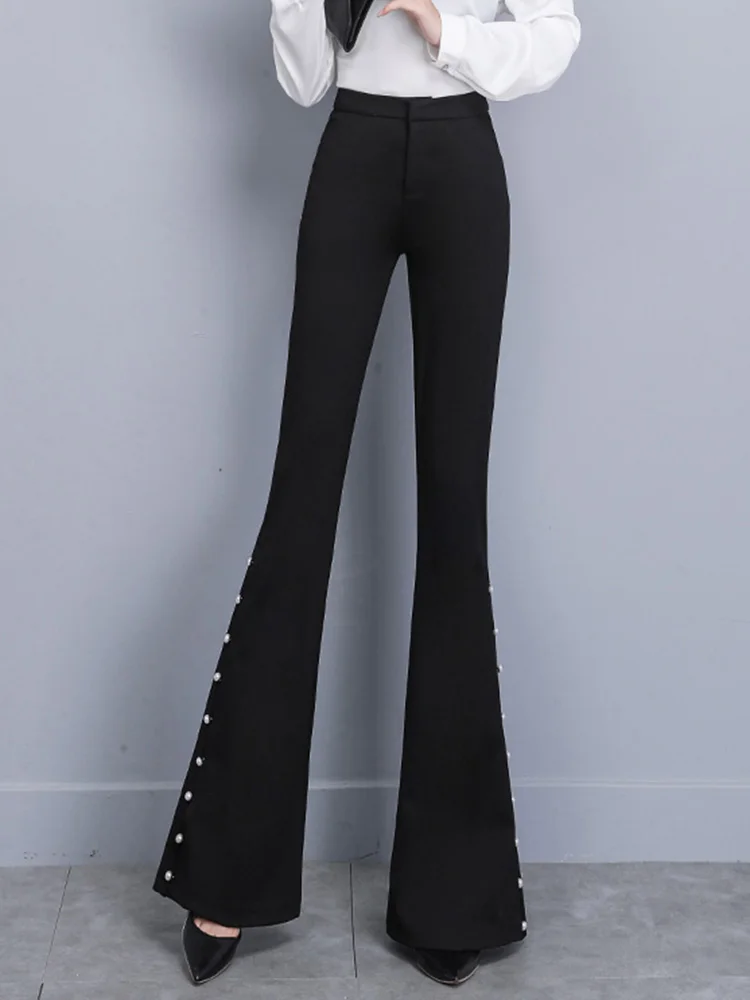 

Осень-зима 2022, брюки с разрезом и заклепками, новинка, корейские облегающие брюки-клеш с высокой талией, костюм, повседневные удлиненные брюки F246