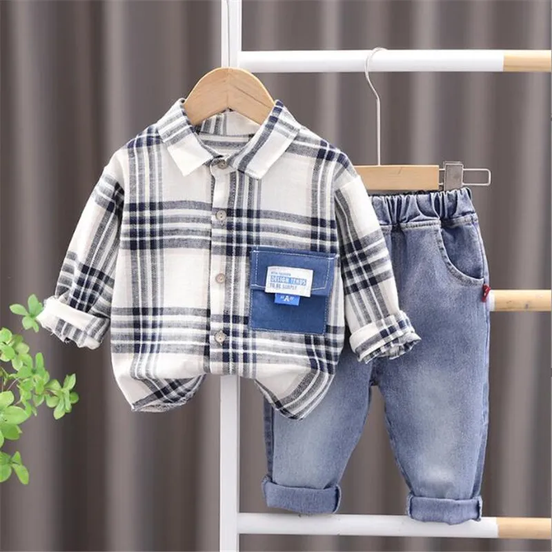 NEW Spring Autumn Fshion Baby Boys Cotton Clothes Plaid Causal Excavator Shirt Pants Jeans 2Pcs/Sets Infant Kids Casual Suits