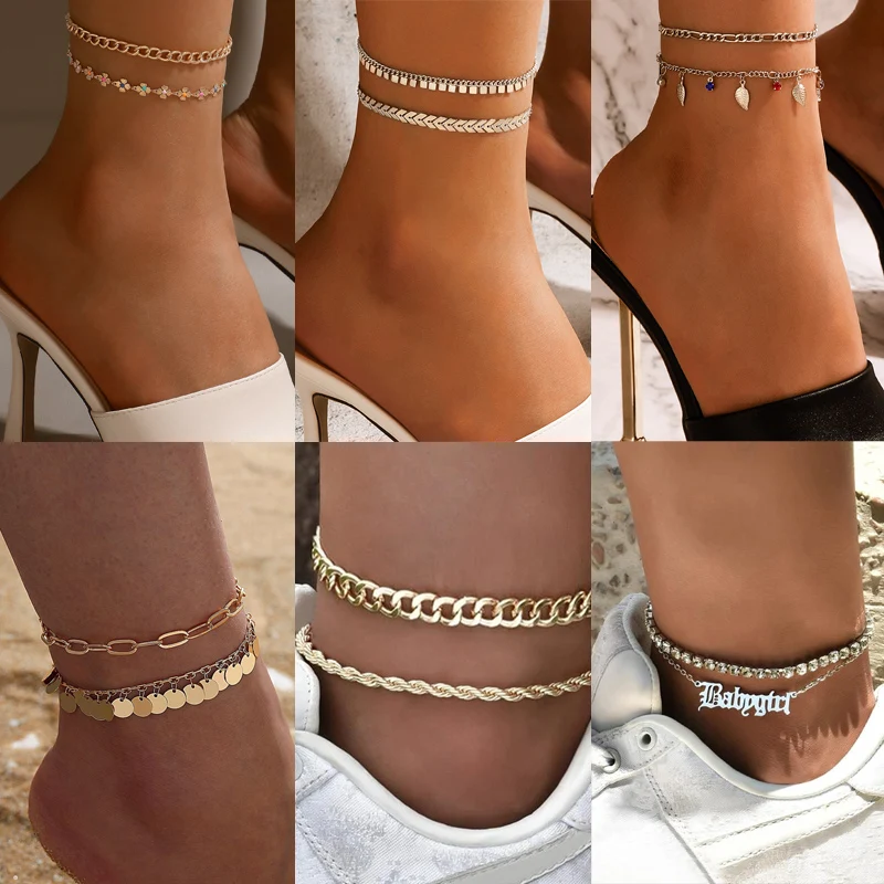 

Tocona INS Trendy Thick Chain Anklets for Women Charms Tassel Leaf Letter Gold Alloy Metal Foot Chain Bohemian Jewelry Gift