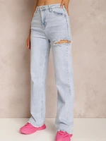 2022 new temperament commuter raw edge ripped hole jeans women washed straight denim trousers loose mid waist light blue pants