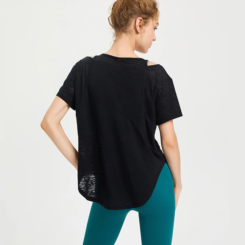 Summer Women Thin Loose Yoga Shirt Short Sleeve Sport T-Shirt Breathable Running Shirts Curve Hem Gym Fitness Tops Blouse Female