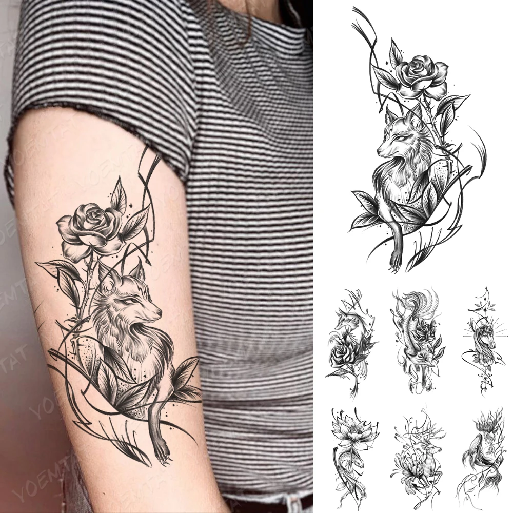 

Waterproof Temporary Tattoo Sticker Dark Fox Wolf Rose Line Leaf Flower Arm Back Women Body Art Tattoos Fake Transfer Tatoo Men