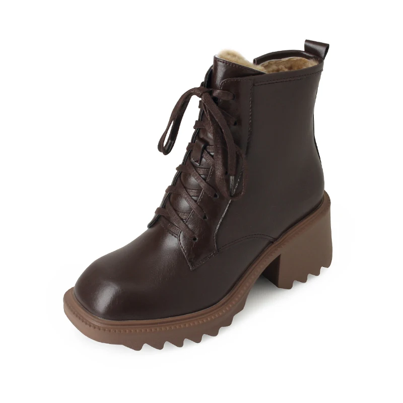 

Новинка 2022 года, европейские зимние ботинки, теплые зимние ботинки из натуральной кожи, на меху 22-24,5 см, ботильоны из воловьей и шерсти, ботинки на платформе со шнуровкой