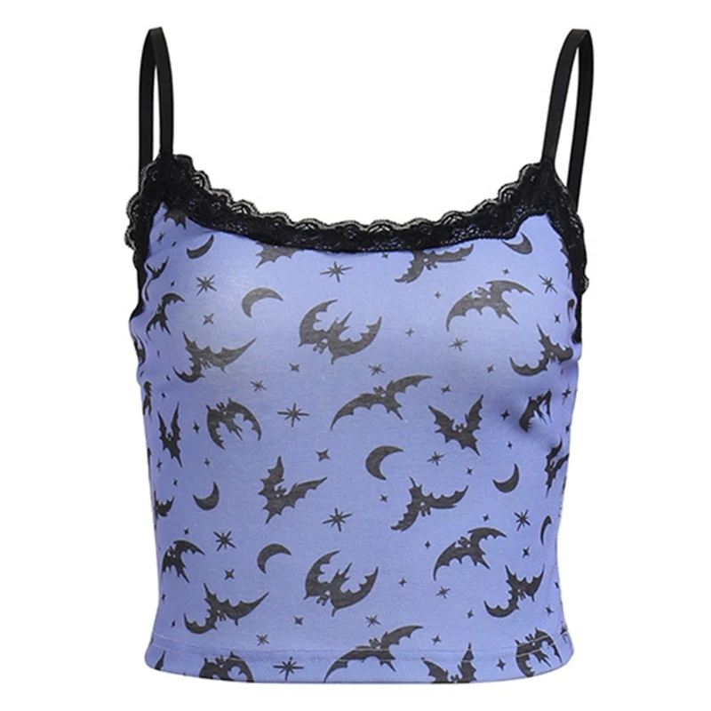 

MXMB Женская темная Готическая летняя кофта на тонких бретельках Harajuku кружевная отделка лоскутный кроп-топ с принтом в виде летучей мыши вамп...