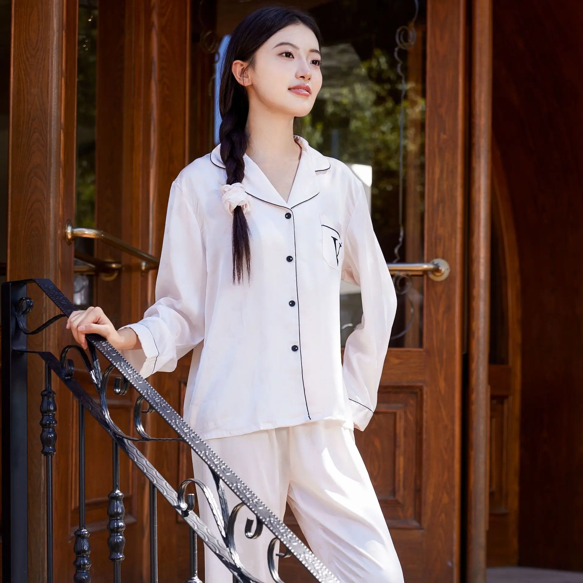 Жаккардовая женская одежда для сна с бабочкой пижамный комплект из 2 предметов