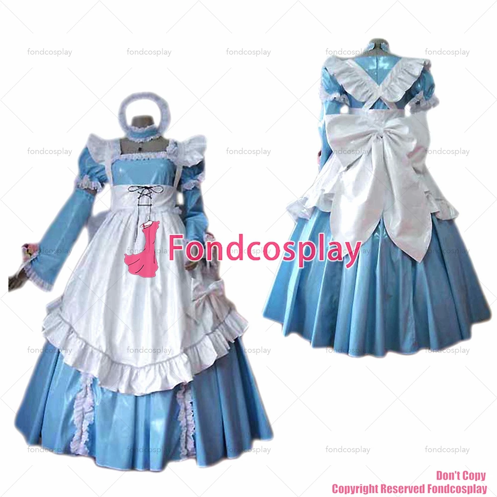 

tailor-made sexy adult dressing cross maid sissy long baby blue pvc dress lockable uniform white apron tv/cd[g2470]