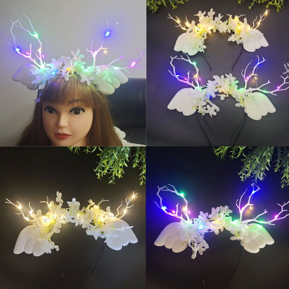 

1pc New LED Light Up Blinking Flower Angel Wings Luminous Hair Hoop Dance Headwear Reindeer Antlers Elk Deer Horn Headband