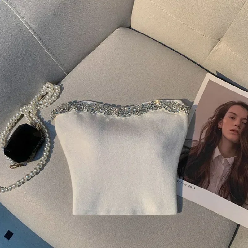 Сексуальный вязаный топ без бретелек с бриллиантами женская одежда облегающие