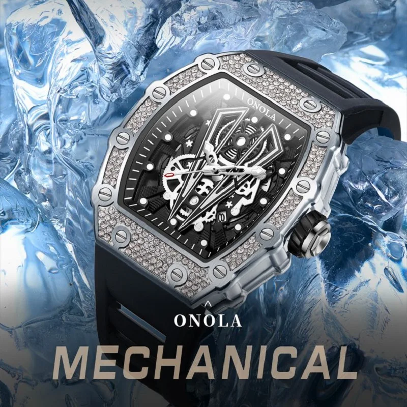 

ONOLA Luxury Quartz Watches Mens Automatic Date Fashion Iced Diamond Clocks Sports Waterproof Tonneau Mille WristWatch Mans Gift
