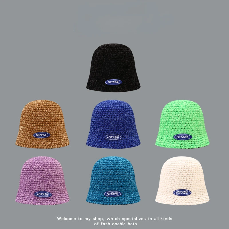 

Autumn and Winter Wool Cap Chenille Hand Knitted Cold Hat Letter Label White Bucket Fisherman Hat Gorras