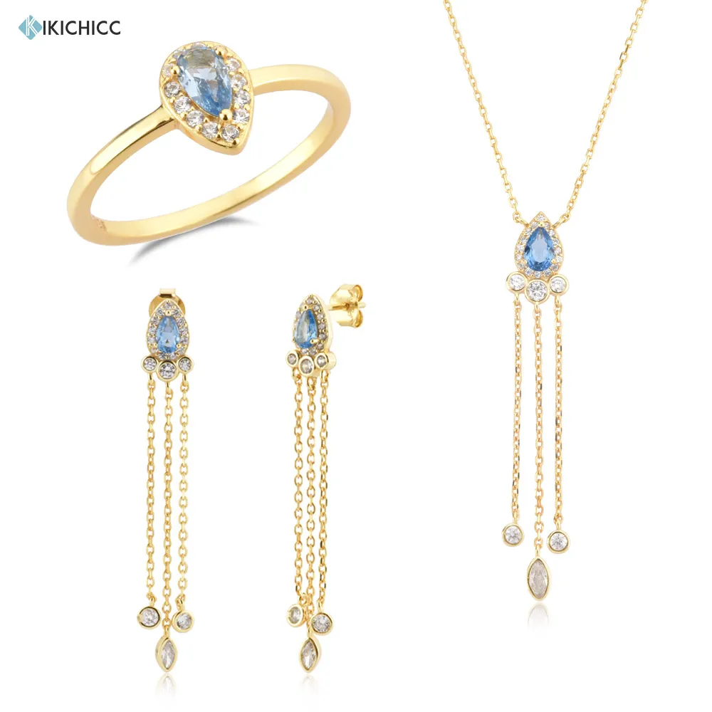 

KIKICHICC 925 Sterling Silver Gold Queen Blue Tassel Pendant Long Chain Necklace Ring Earring 2022 Women Luxury Jewelry Gift