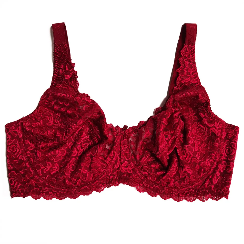 Women Lace Bra Full Coverage Bras Red Underwire Unlined Big Size Floral C D E F G H I 34 36 38 40 42 44 46