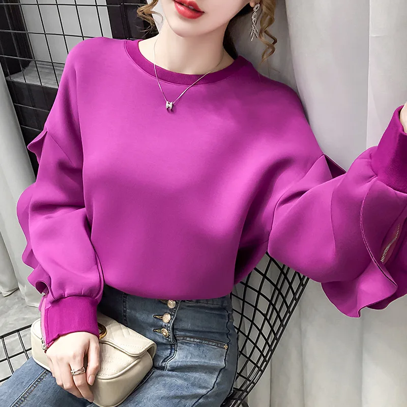 

Autumn And Winter New Large Fashion Women's Sweater Lotus Leaf Sleeve Fungus Edge Zipper Loose And Thin Personality Pullover