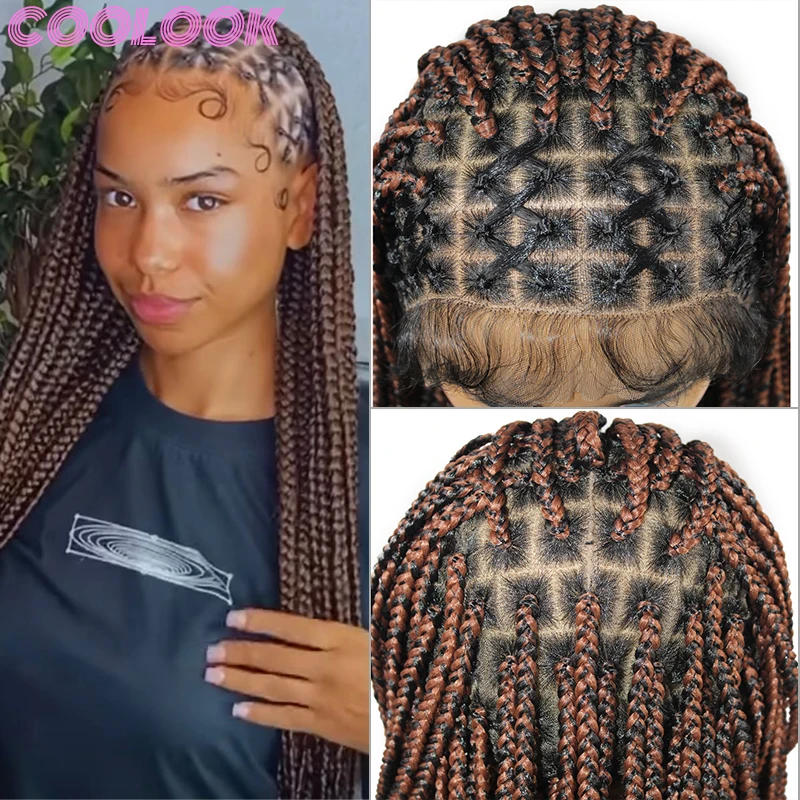 ombre knotless box braid frontal wig long brown full lace box braid wig with baby hair synthetic Crisscross knotless braids wigs