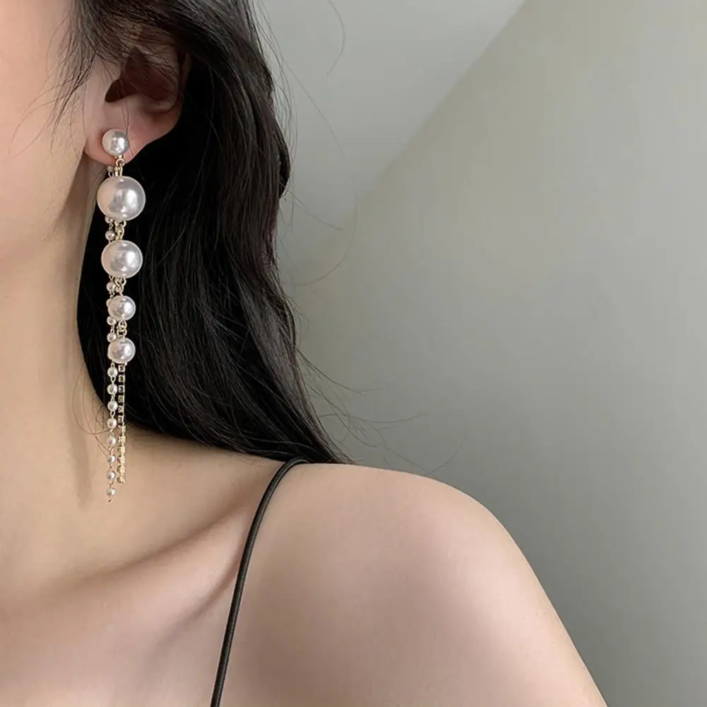 

2023 New Fashion Vintage Glossy Arc Bar Long Thread Tassel Drop Earrings for Women Silver Color Pearl Jewelry Hanging Pendientes