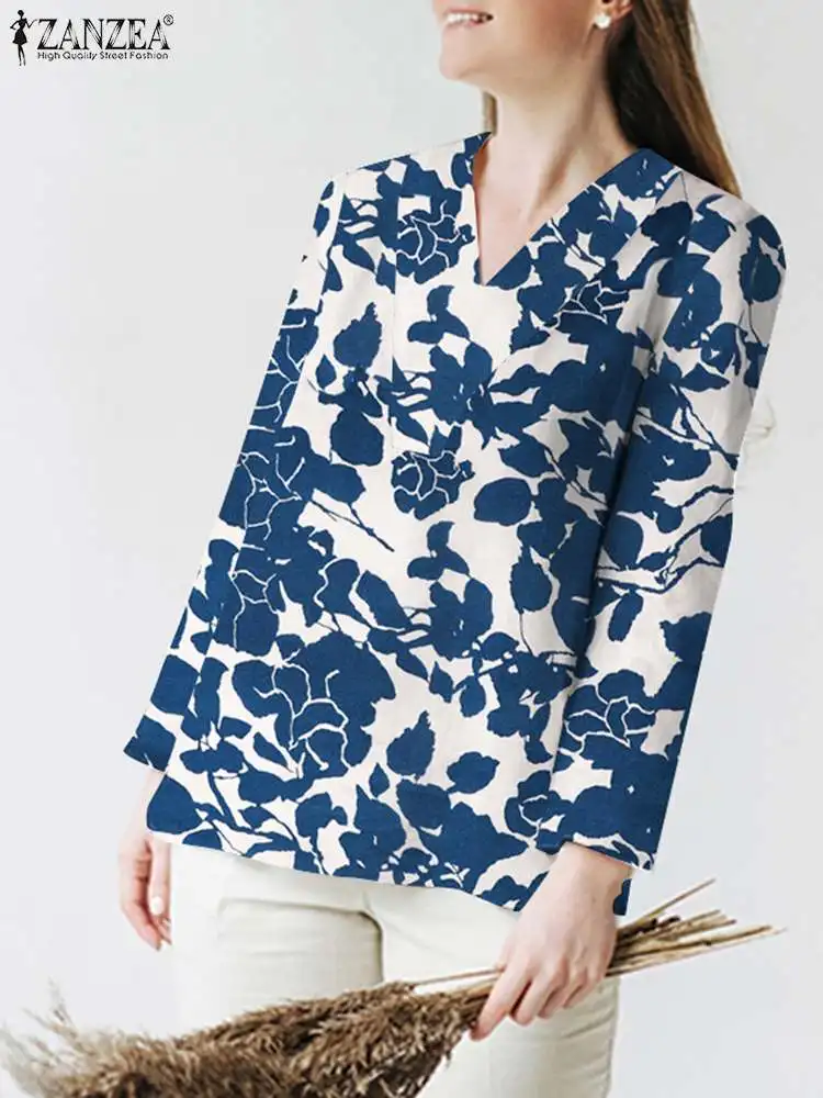 

Осенняя женская рубашка ZANZEA с V-образным вырезом и длинным рукавом, богемные офисные блузы, Повседневная винтажная туника, топы, Элегантная ...