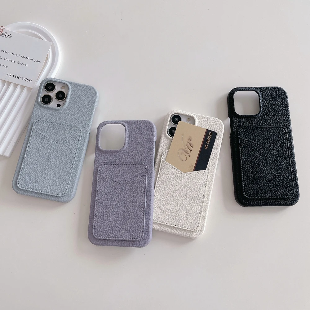 

Litchi Grain Leather Card Slot Phone Case For iPhone 14 12 11 13 Pro Max 14 Plus Bottom Side Empty Hard Shockproof Cover