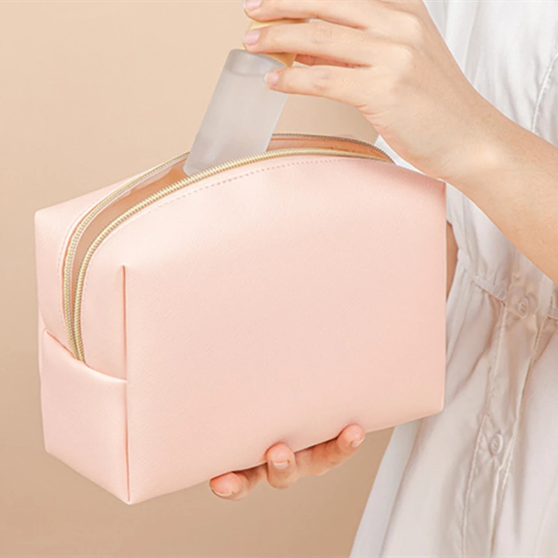 

Solid Color Makeup Pouch Women Cosmetic Bag Waterproof PU Leather Travel Portable Wash Toiletry Storage Bag Organizer Purse
