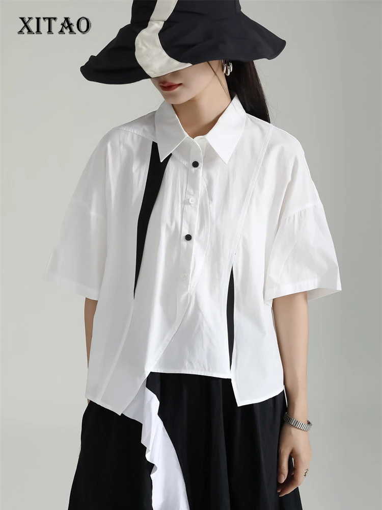

XITAO Irregular Women Shirt Loose Fashion Contrast Color Splicing Turn-down Collar Top 023 Summer Simplicity New Blouse HQQ0694