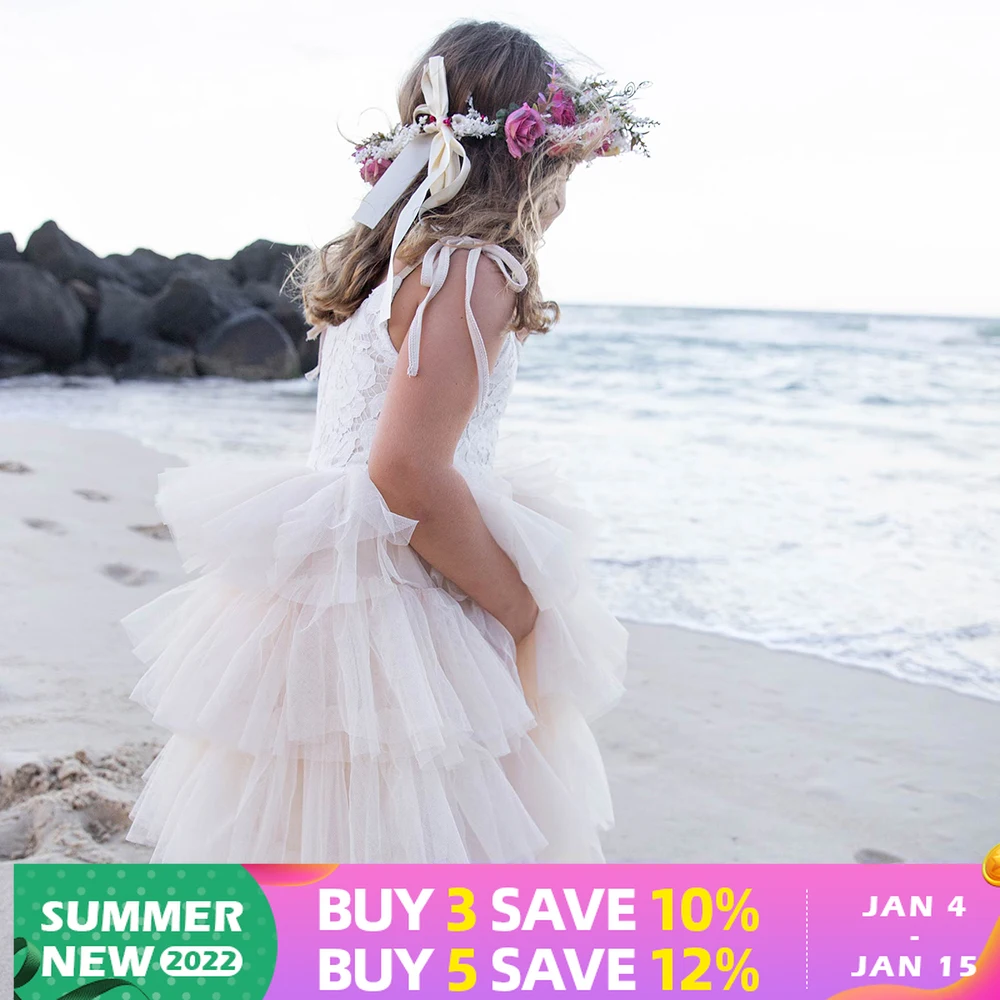 Kids Summer Clothes Baby Lace Wedding Dress Children Clothing Layered Tutu for Birthday Beach Party | Детская одежда и обувь