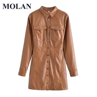 molan woman leather dress spring new sexy back cutout long sleeve party high street elegan jacket female leather dress