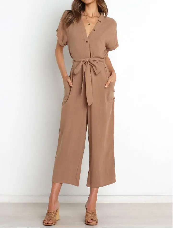 

Ladies V-neck Belted Jumpsuit, Women Solid Color Front Button Short Sleeve Siamese Trousers Wide Leg Ninth Pants with Pocket