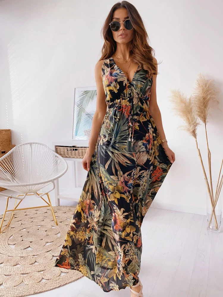 

Summer Women Lace-Up Backless Long Dresses Fashion Floral Print Deep V-Neck Halter Strap Sleeveless Party Dress Holiday Sundress