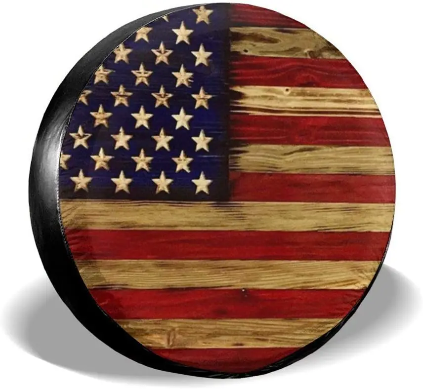 

Tire Cover American Flag Reclaimed Wood Potable Polyester Universal Spare Wheel Tire Cover Wheel Covers for Trailer RV SUV Truck