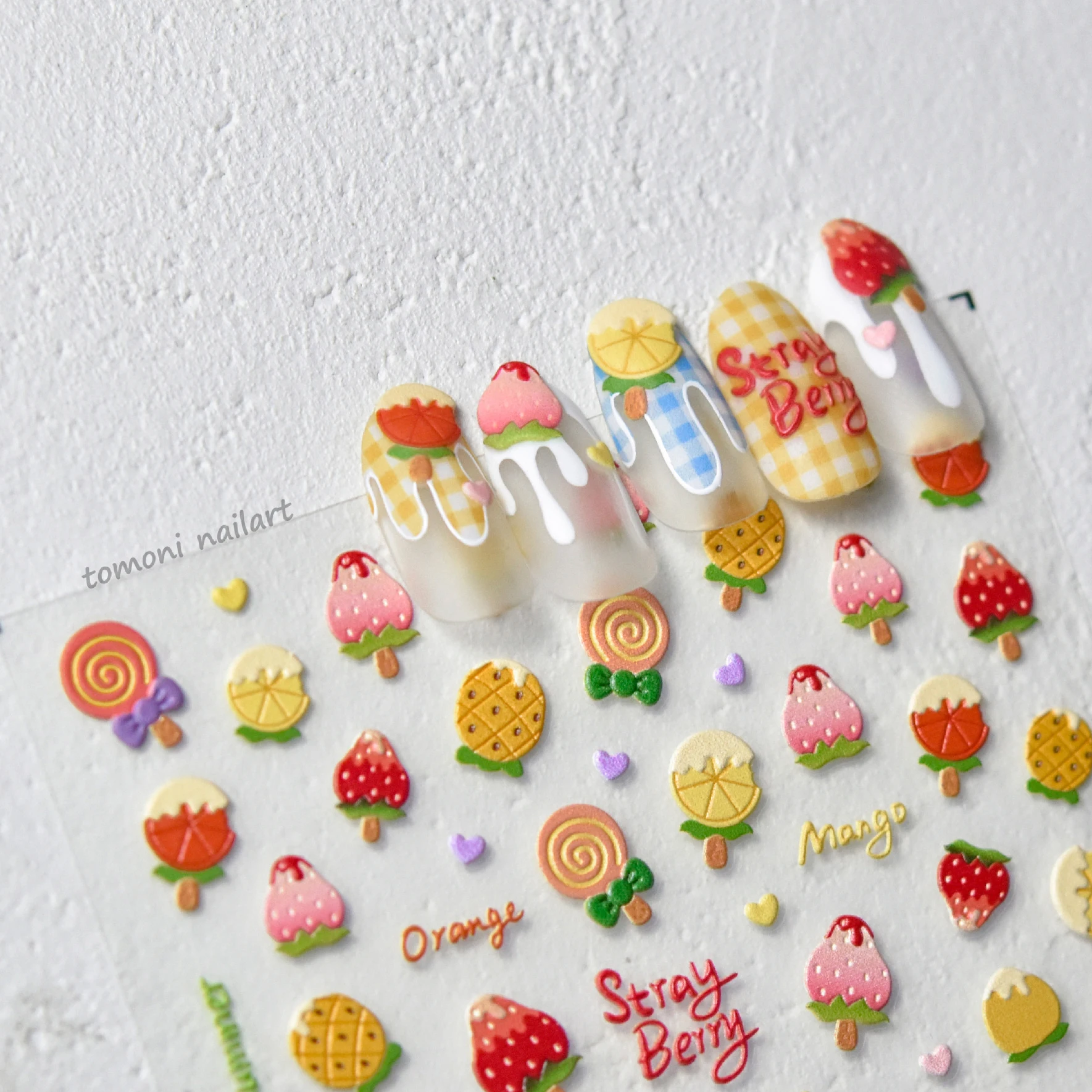

Милые рельефные наклейки для ногтей 5D с тиснением, цветные наклейки для маникюра с любовным сердцем, Желейный дизайн, Пончик, леденец, конфеты, клубника, фрукты