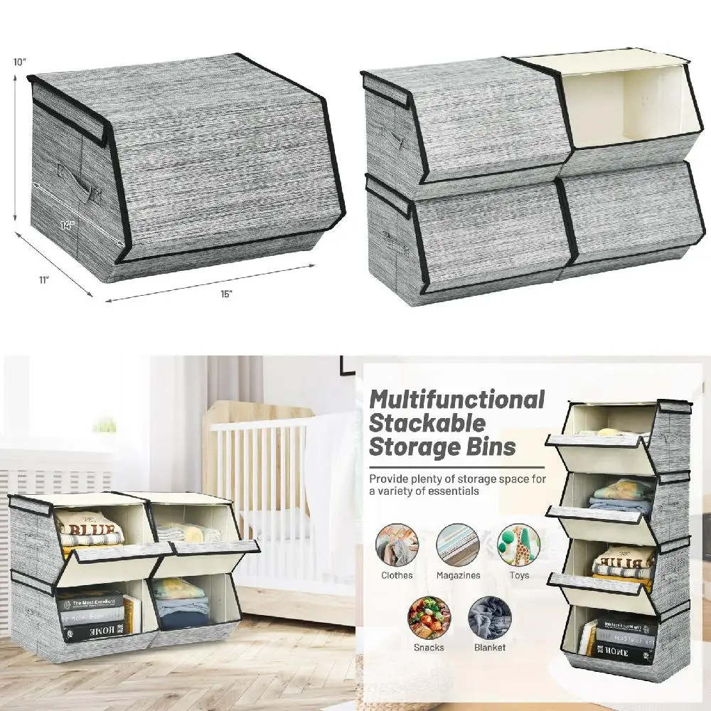 

High Quality Stackable 4Sets Home Use Linen&Oxford Fabric Bins Cubes Storage Organizers W/Lids For Easy Organization.